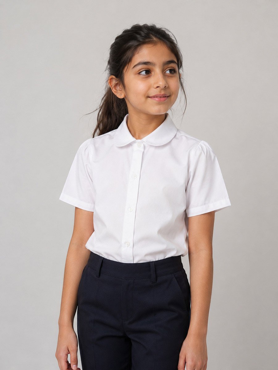 Girls White Short Sleeve Cotton Blend School Shirt