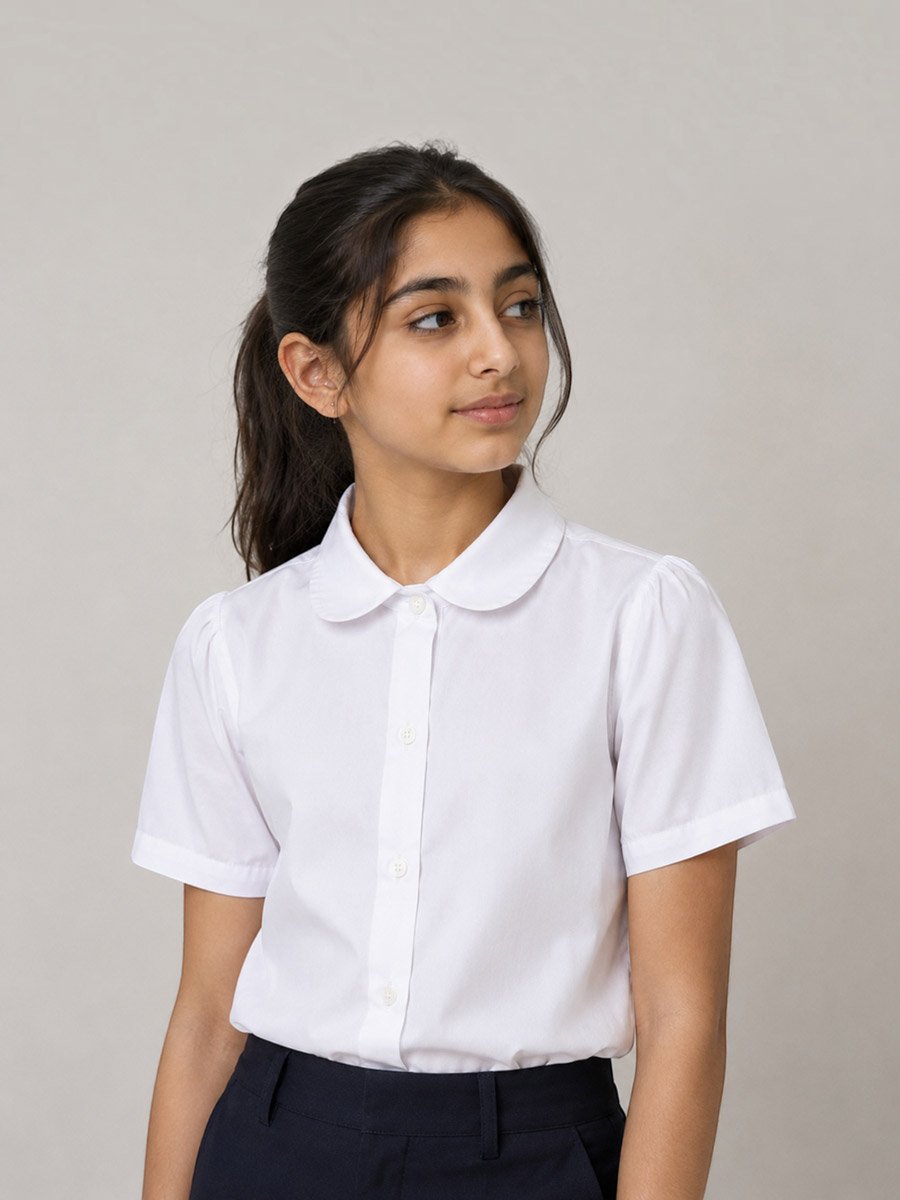 Girls White Cotton Blend Short Sleeve School Shirt