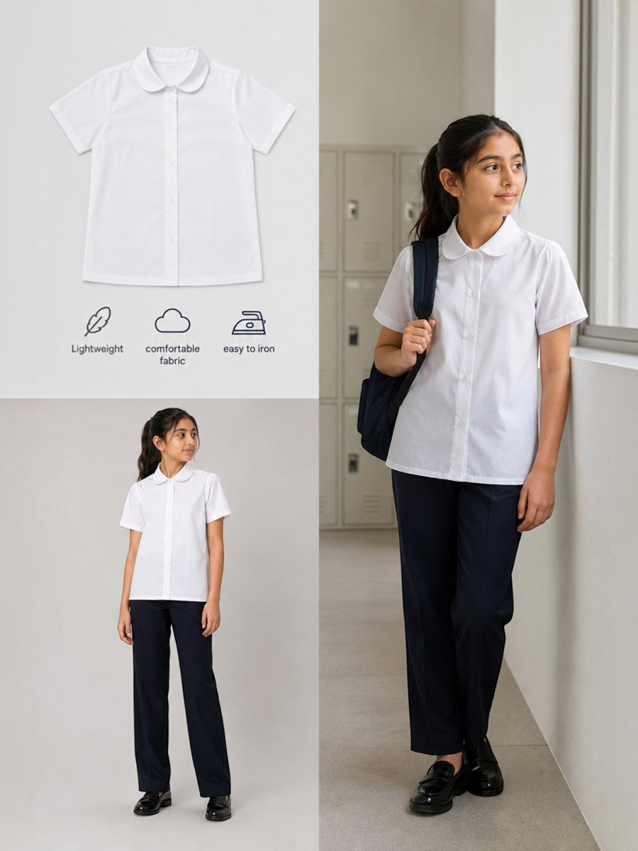 Girls White Cotton Blend Short Sleeve School Shirt