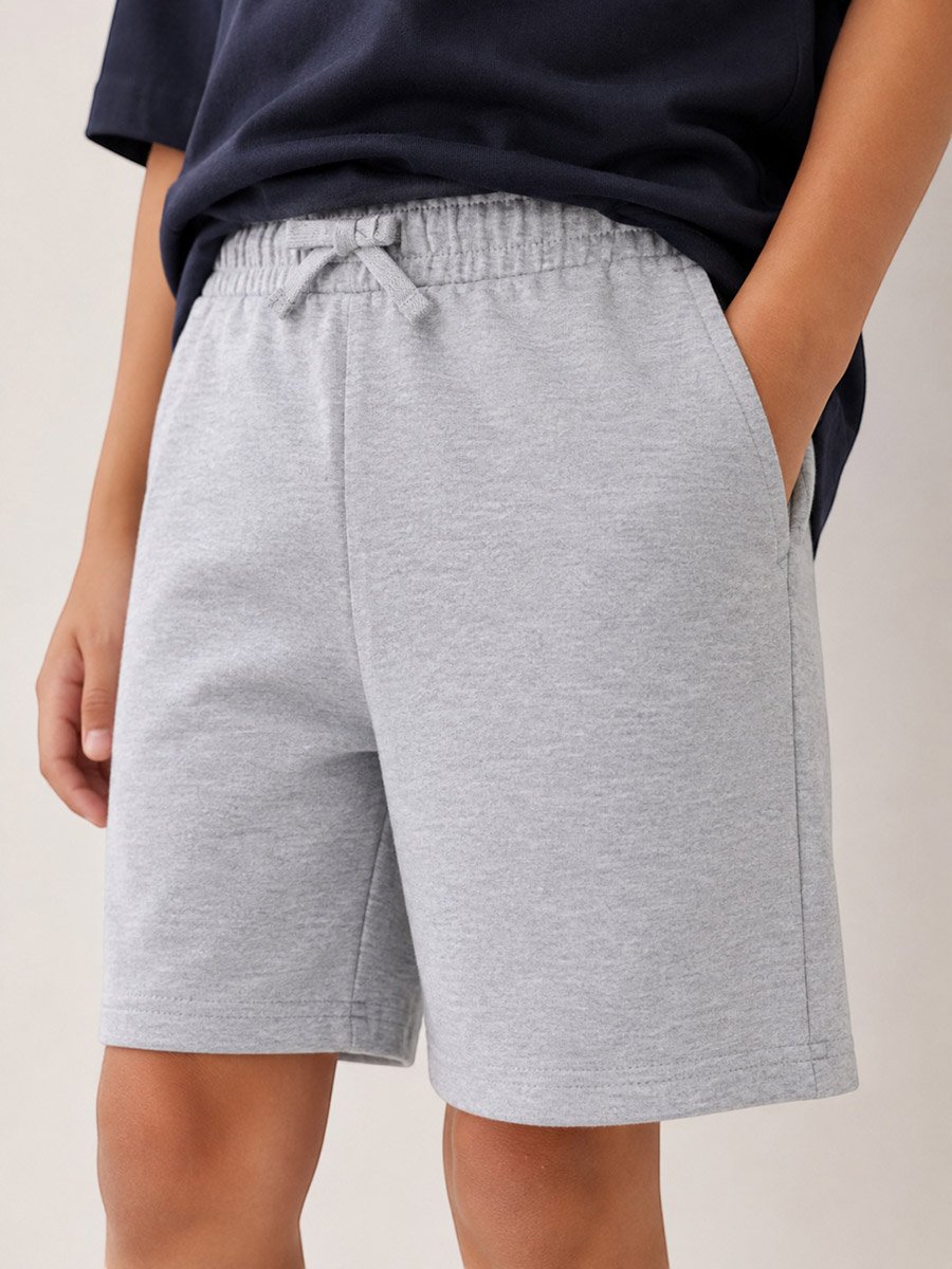 Kids Grey Cotton Knitted Plain Drawstring Shorts