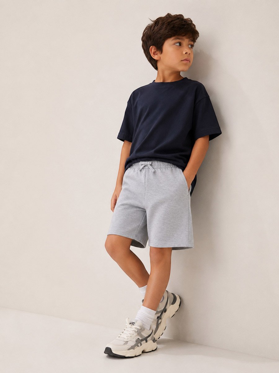 Kids Grey Cotton Knitted Plain Drawstring Shorts