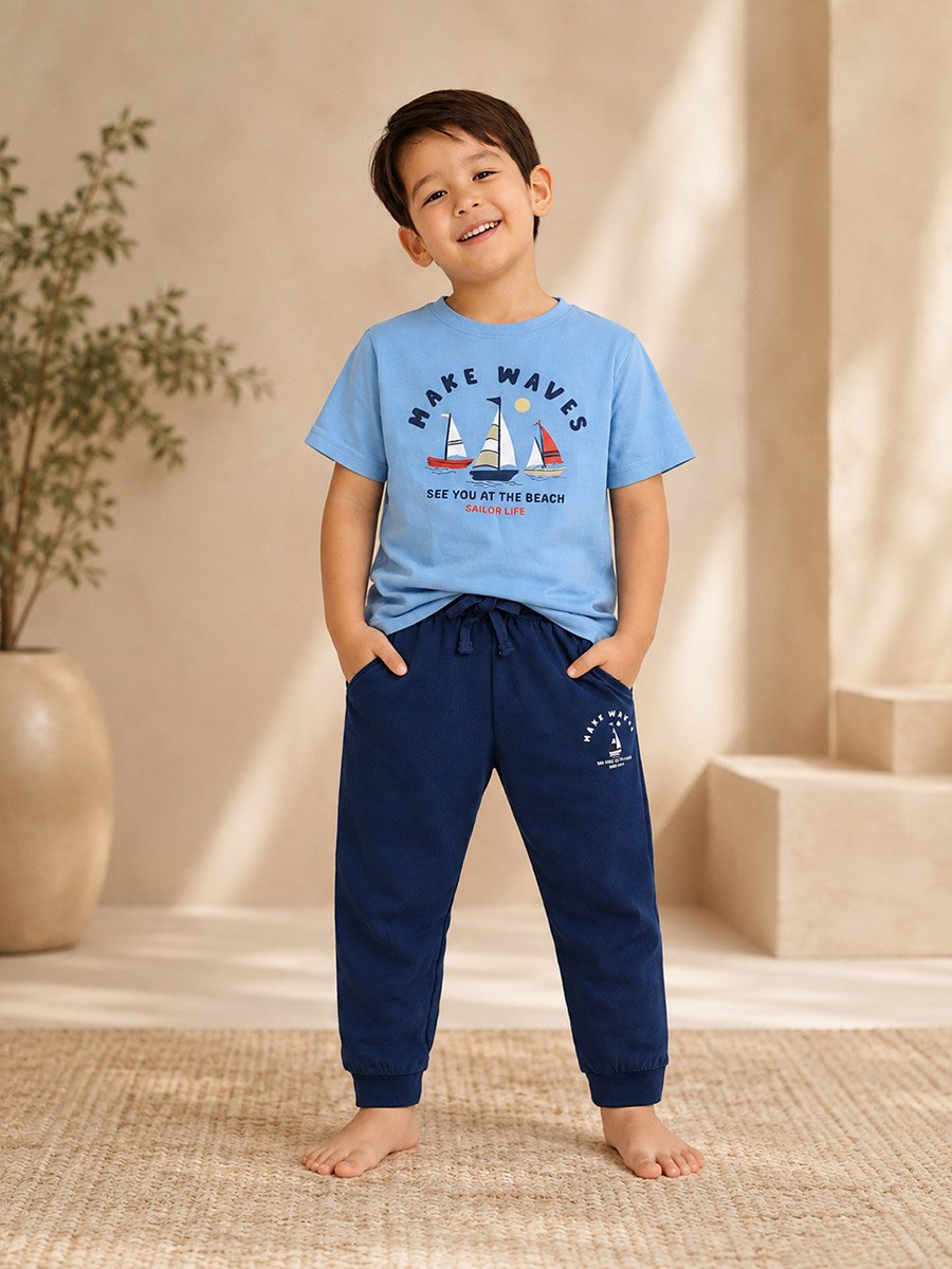 Boys Blue Cotton Pyjama Set with Make Waves T-Shirt and Cuffed Bottoms