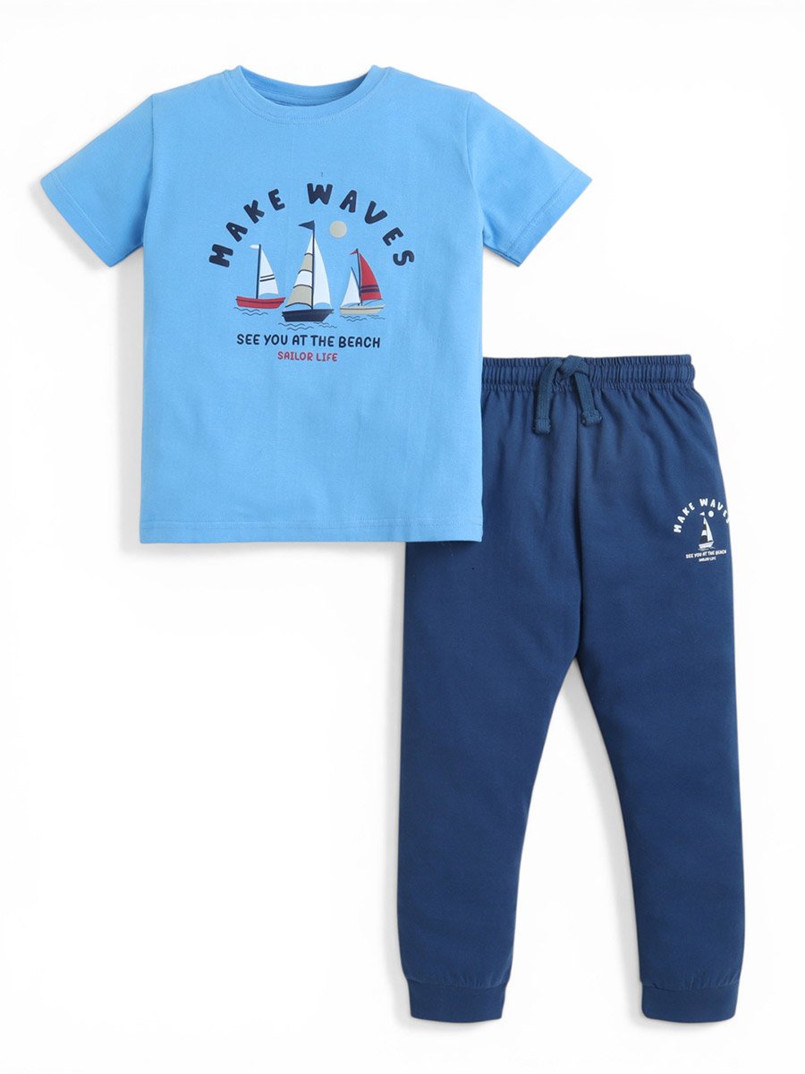 Boys Blue Cotton Pyjama Set with Make Waves T-Shirt and Cuffed Bottoms