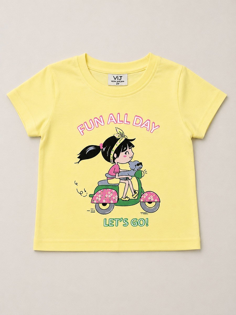 Yellow Cartoon and Floral Print Cotton Short Sleeve Pyjama Set