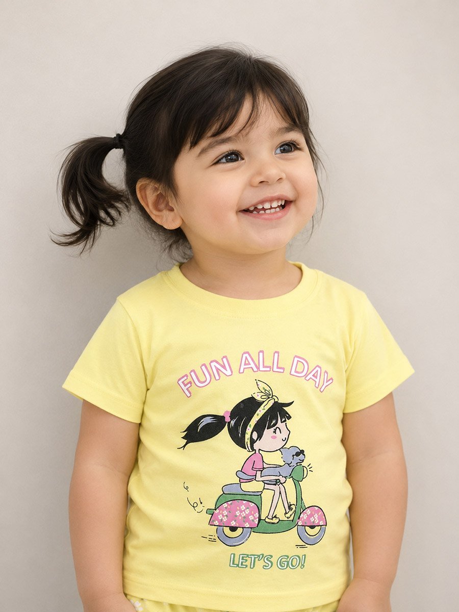 Yellow Cartoon and Floral Print Cotton Short Sleeve Pyjama Set