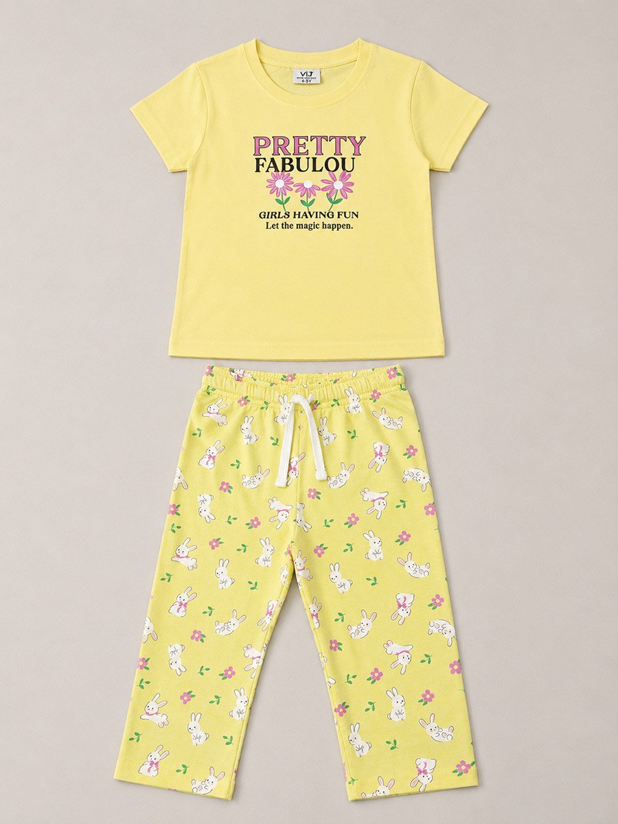 Yellow Cotton Short Sleeve Pyjama Set with Cute Bunny Print