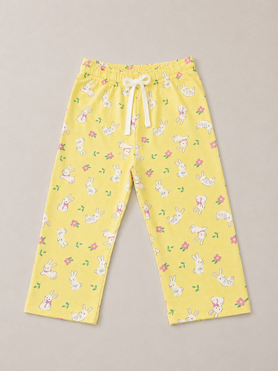 Yellow Cotton Short Sleeve Pyjama Set with Cute Bunny Print