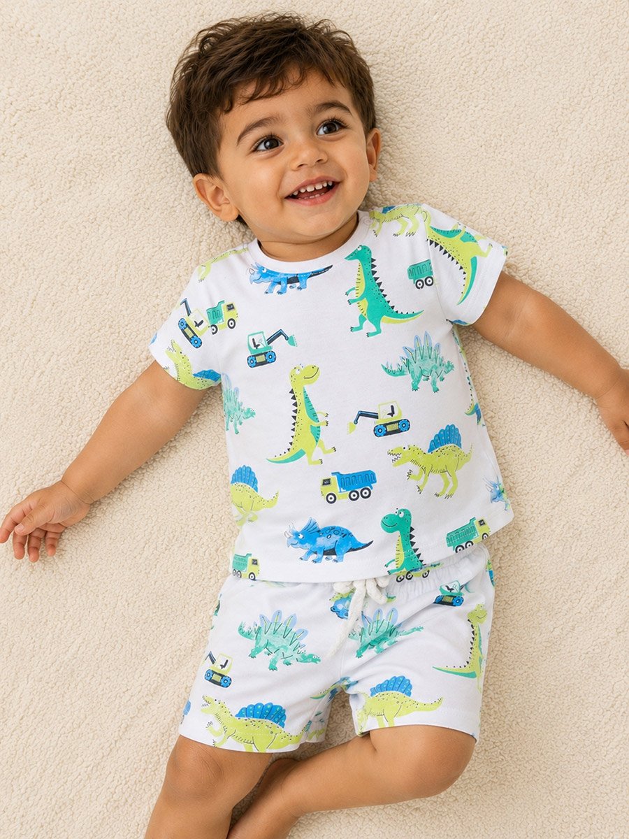 Boys Dino and Truck Print Cotton Shorts Pyjama Set
