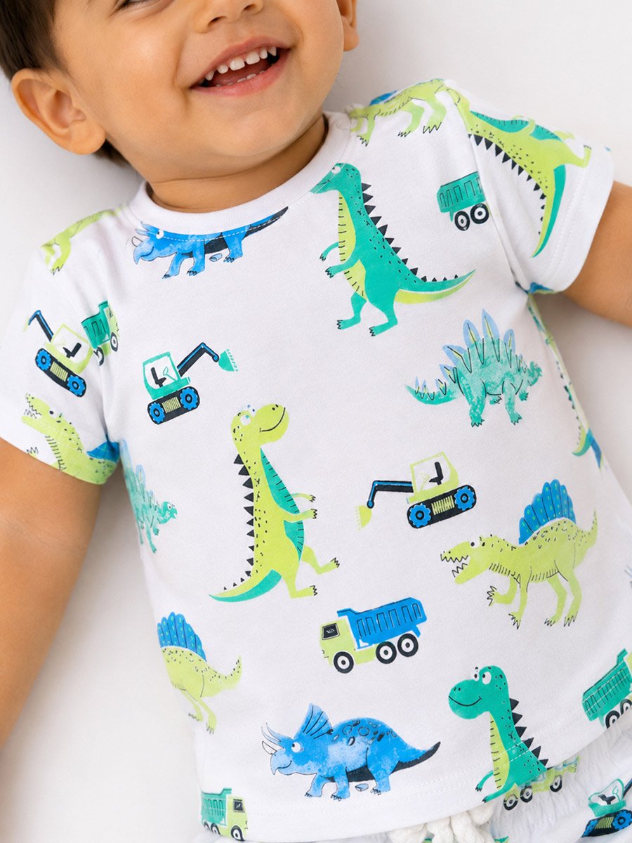 Boys Dino and Truck Print Cotton Shorts Pyjama Set