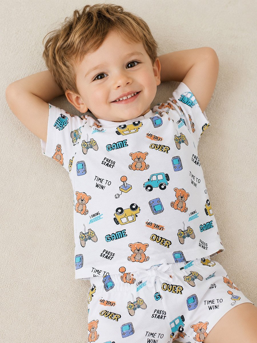 Boys Gaming and Bear Print Cotton Pyjama Set with Short Sleeve T-Shirt and Shorts