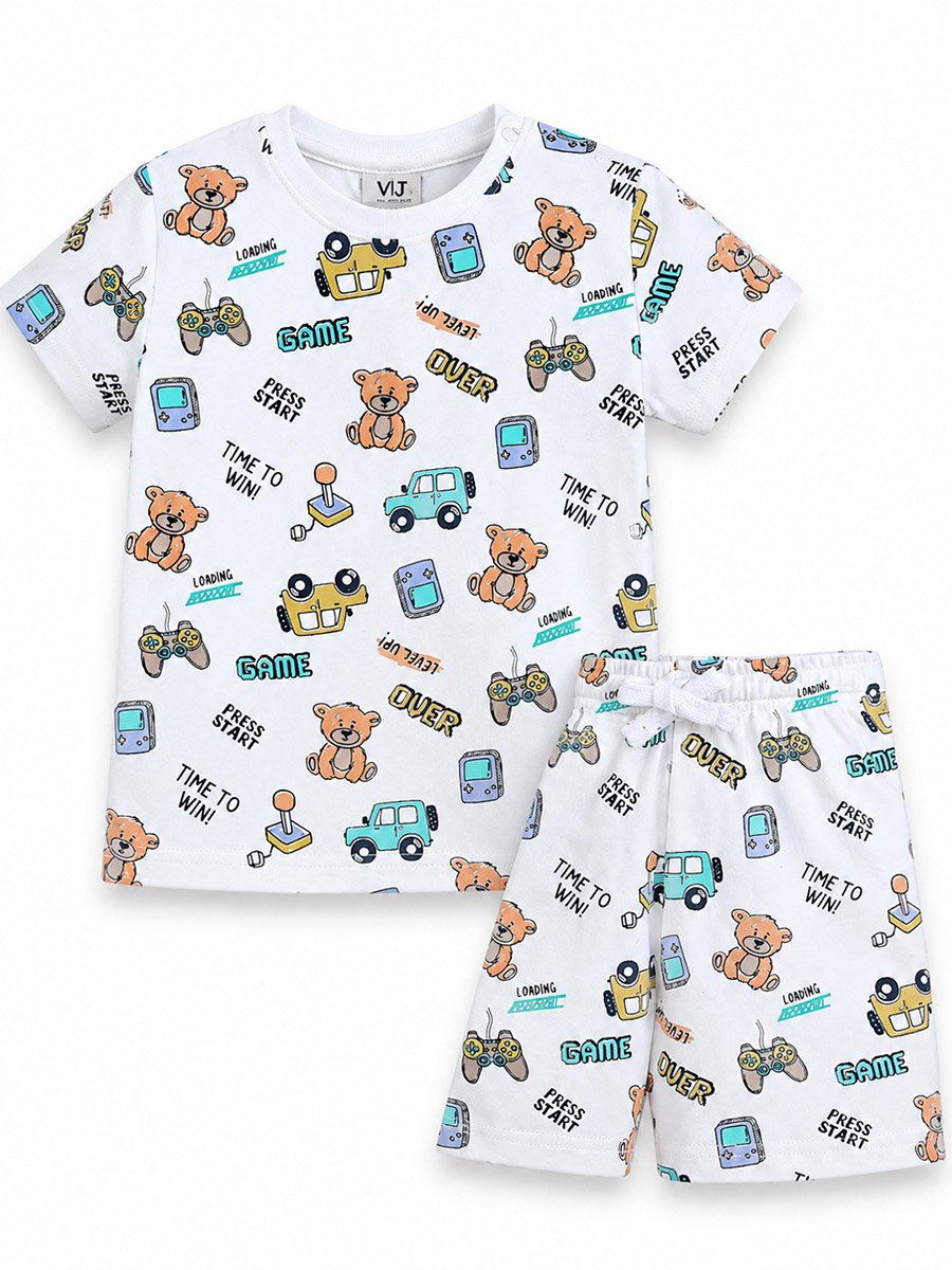 Boys Gaming and Bear Print Cotton Pyjama Set with Short Sleeve T-Shirt and Shorts