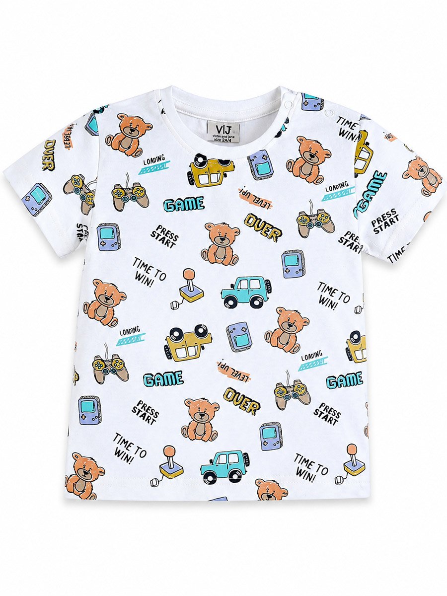 Boys Gaming and Bear Print Cotton Pyjama Set with Short Sleeve T-Shirt and Shorts