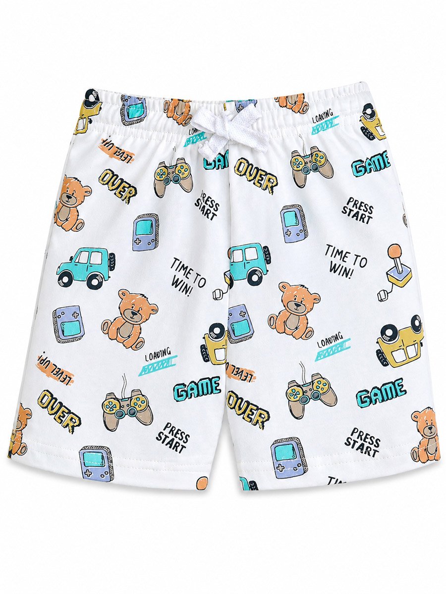Boys Gaming and Bear Print Cotton Pyjama Set with Short Sleeve T-Shirt and Shorts