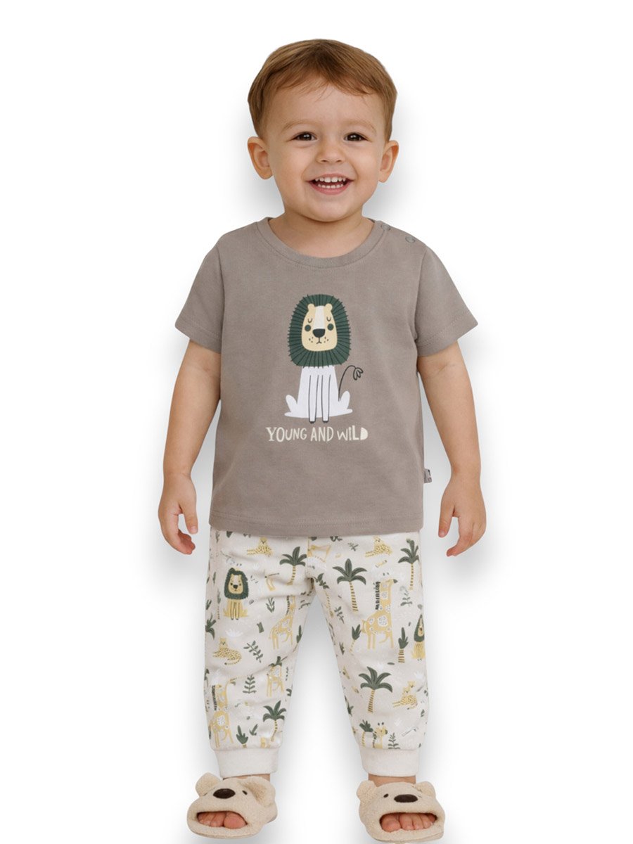 Boys Safari Lion Cotton Pyjama Set with Short Sleeve T-Shirt and Cuffed Pants