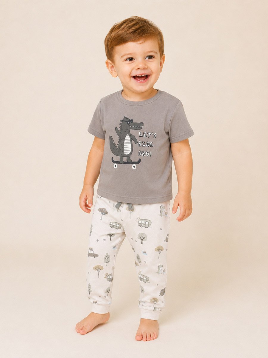 Boys Cotton Skater Gator Print Pyjama Set with Short Sleeve T-Shirt and Cuffed Pants