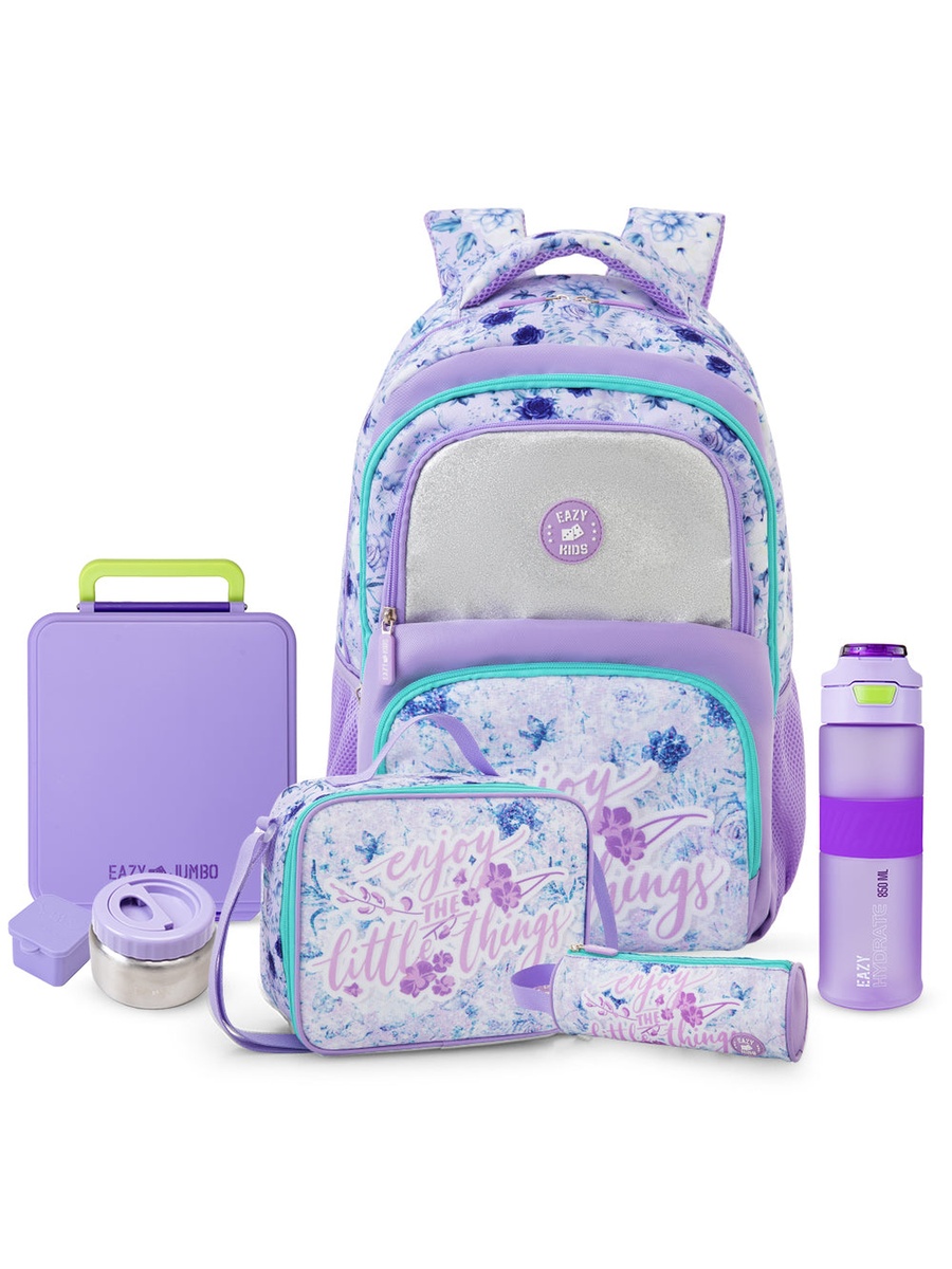 School Bag and Pencil Bag and Lunch Bag with Tritan Bottle and Jumbo Bento Lunch Box - 18 Inch