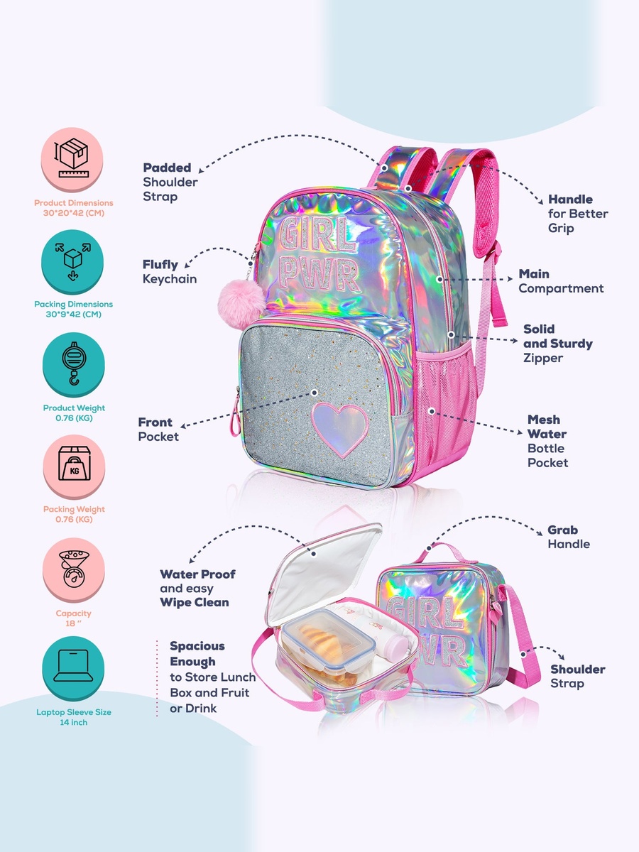 طقم شنطة مدرسية بتصميم غرال باور ومقلمة مع شنطة غداء وقارورة ماء من الفولاذ المقاوم للصدأ