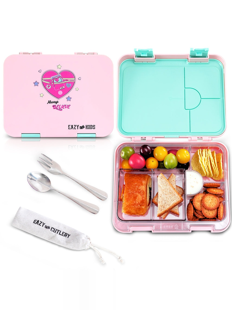 2-In-1 Convertible Bento Lunch Box with Steel Spoon and Fork Set - Always Believe Pink