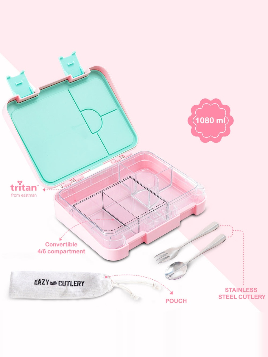 2-In-1 Convertible Bento Lunch Box with Steel Spoon and Fork Set - Always Believe Pink