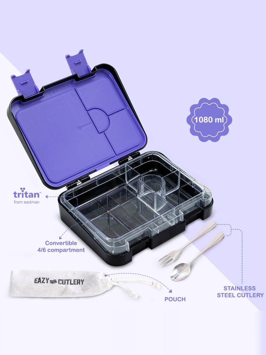 2-In-1 Convertible Bento Lunch Box with Steel Spoon and Fork Set - Teddy Black