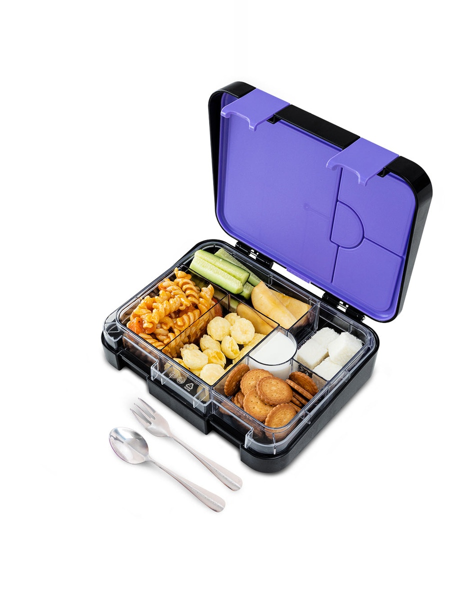 2-In-1 Convertible Bento Lunch Box with Steel Spoon and Fork Set - Teddy Black