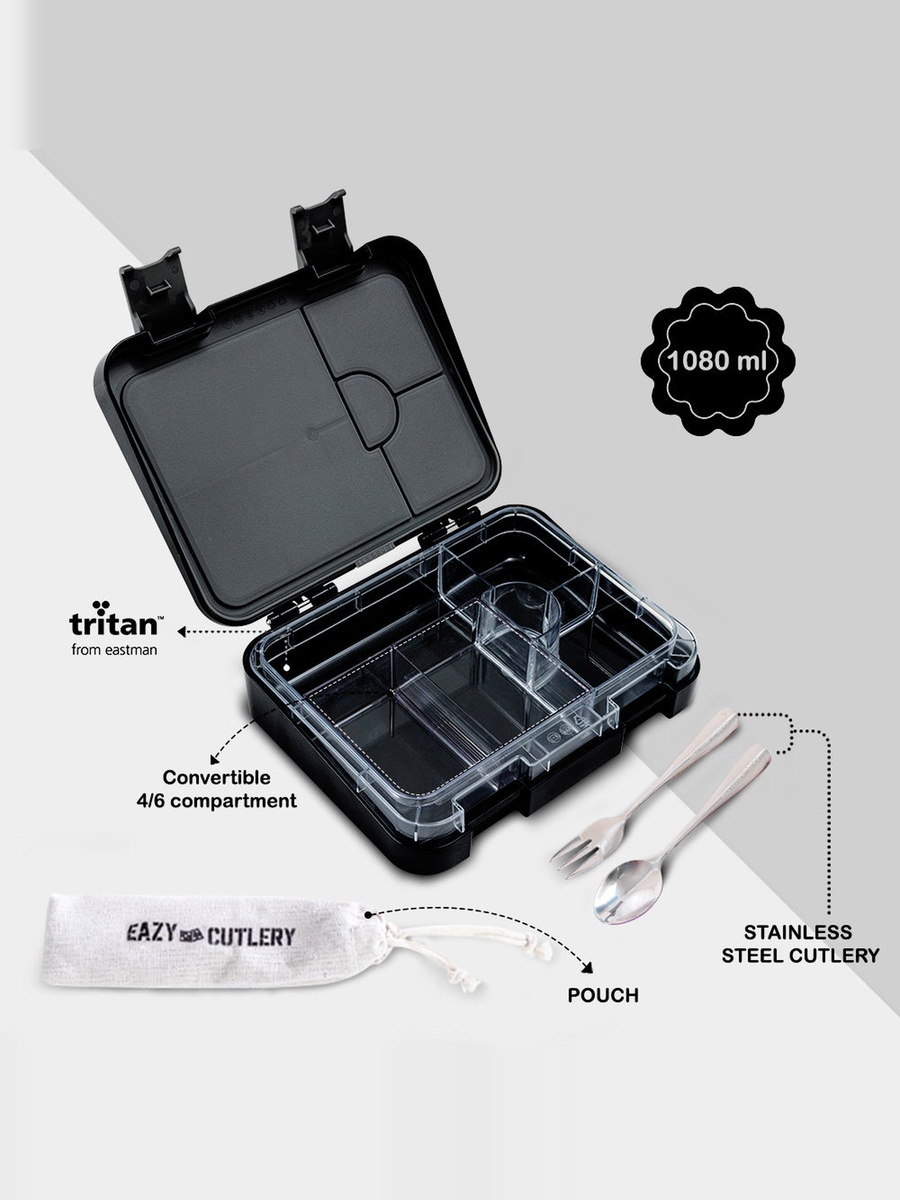 2-In-1 Convertible Bento Lunch Box with Steel Spoon and Fork Set - Football Black