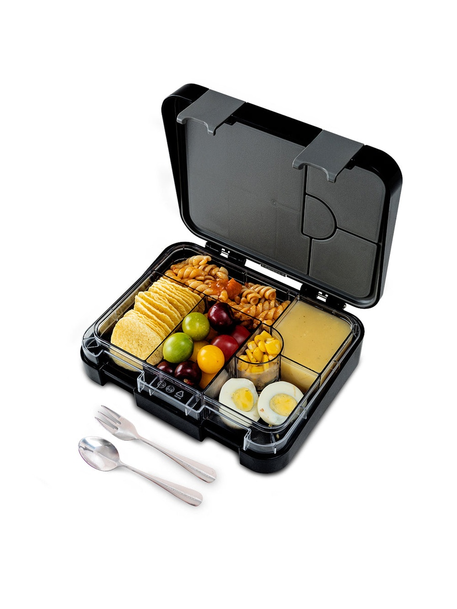 2-In-1 Convertible Bento Lunch Box with Steel Spoon and Fork Set - Football Black