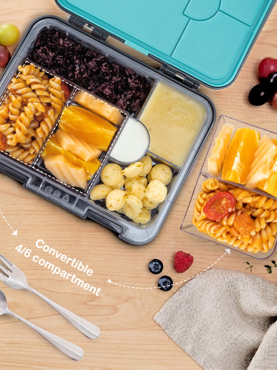2-In-1 Convertible Bento Lunch Box with Steel Spoon and Fork Set - Game On Grey