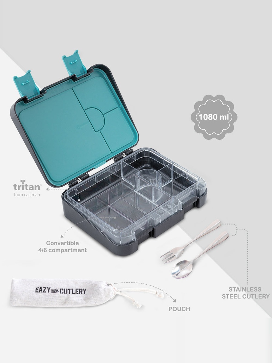 2-In-1 Convertible Bento Lunch Box with Steel Spoon and Fork Set - Game On Grey