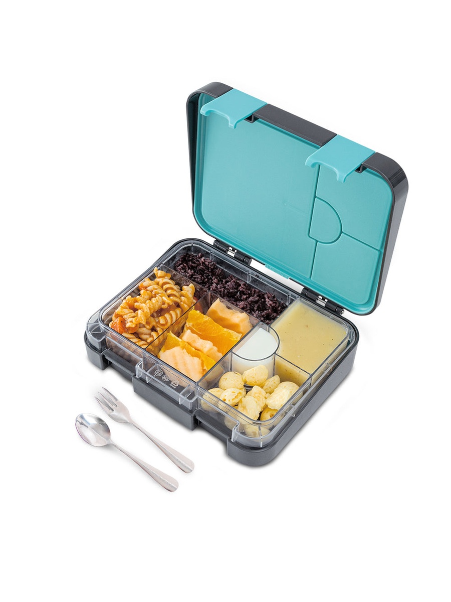 2-In-1 Convertible Bento Lunch Box with Steel Spoon and Fork Set - Game On Grey
