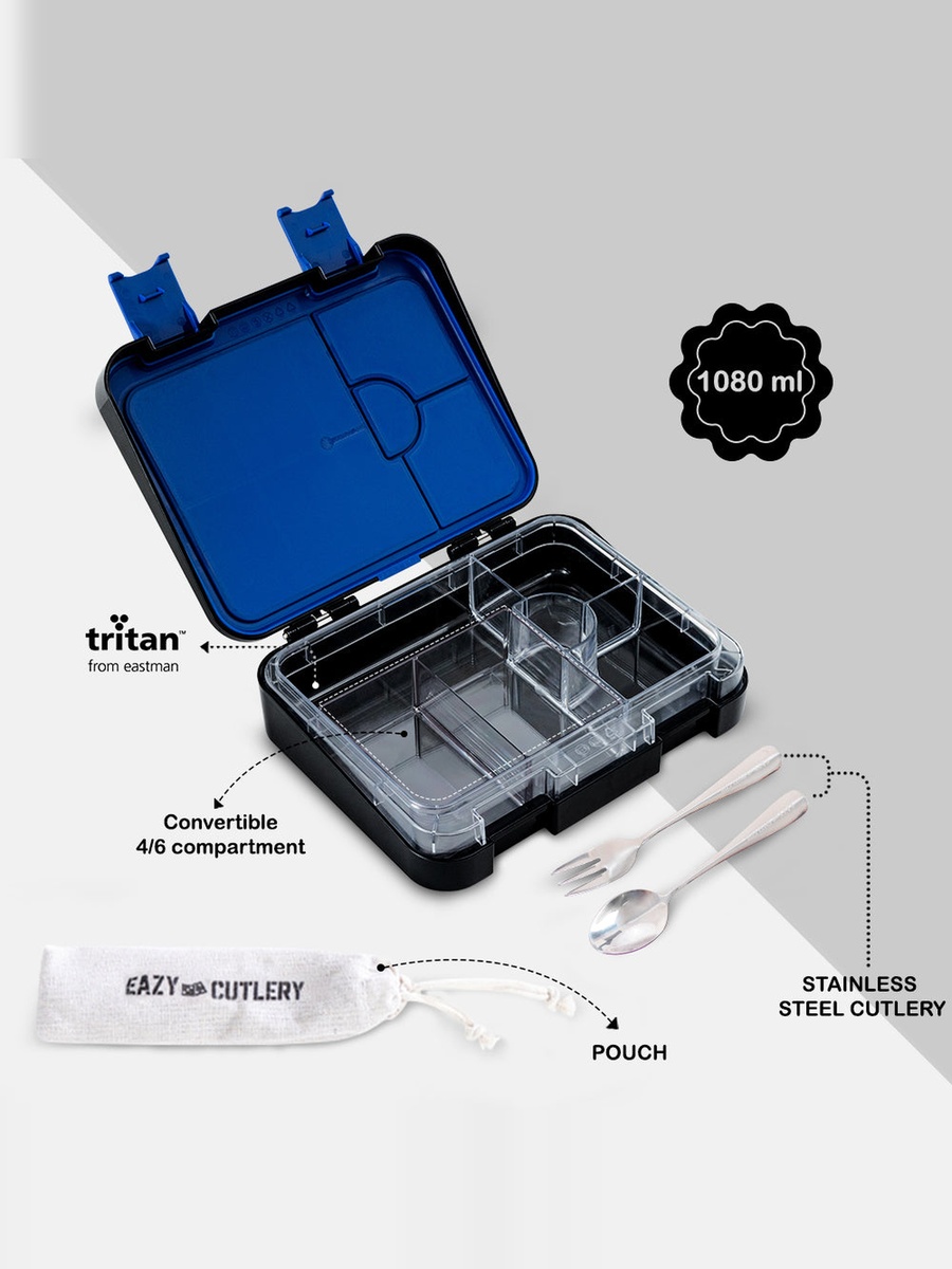 2-In-1 Convertible Bento Lunch Box with Steel Spoon and Fork Set - Gamer Black
