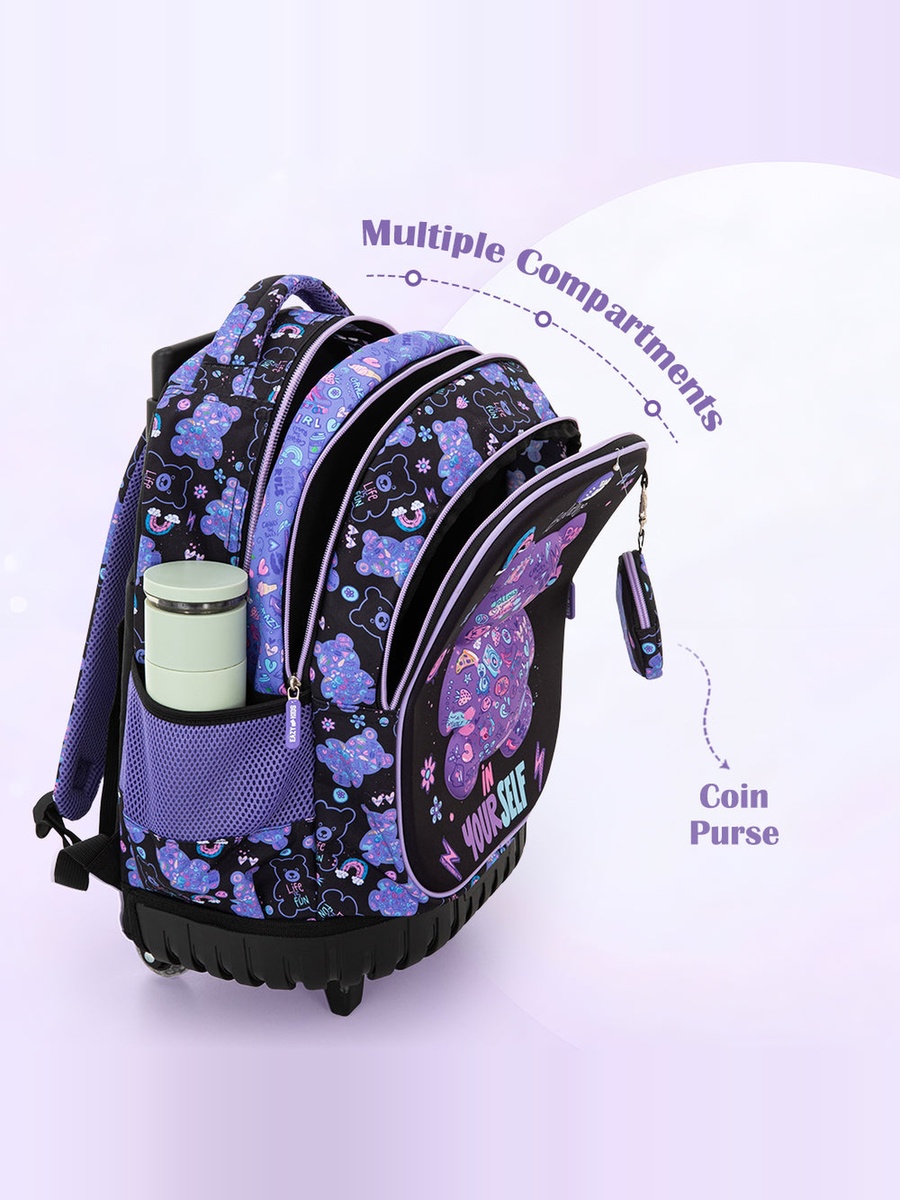 3-Piece Trolley School Bag Set with Laptop Compartment - Teddy Black - 18 Inch