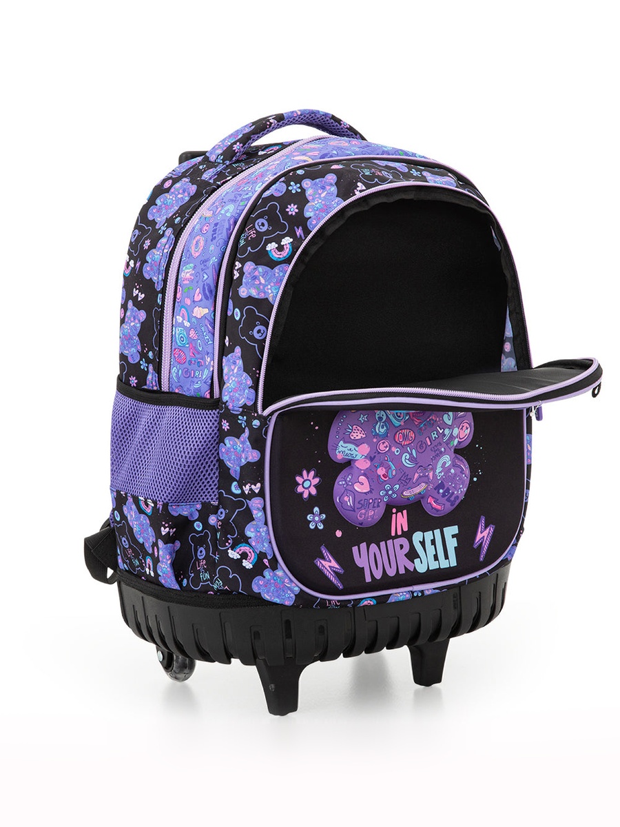 3-Piece Trolley School Bag Set with Laptop Compartment - Teddy Black - 18 Inch