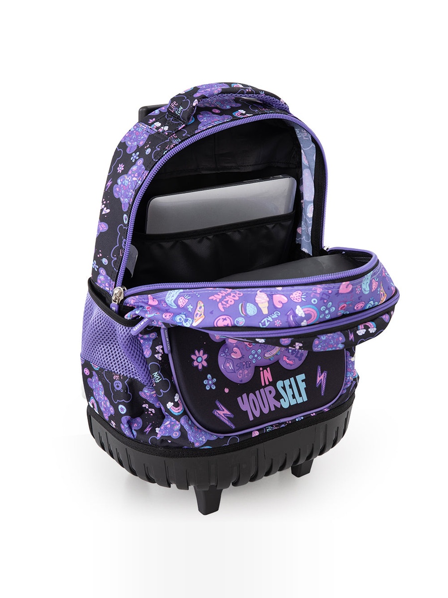 3-Piece Trolley School Bag Set with Laptop Compartment - Teddy Black - 18 Inch