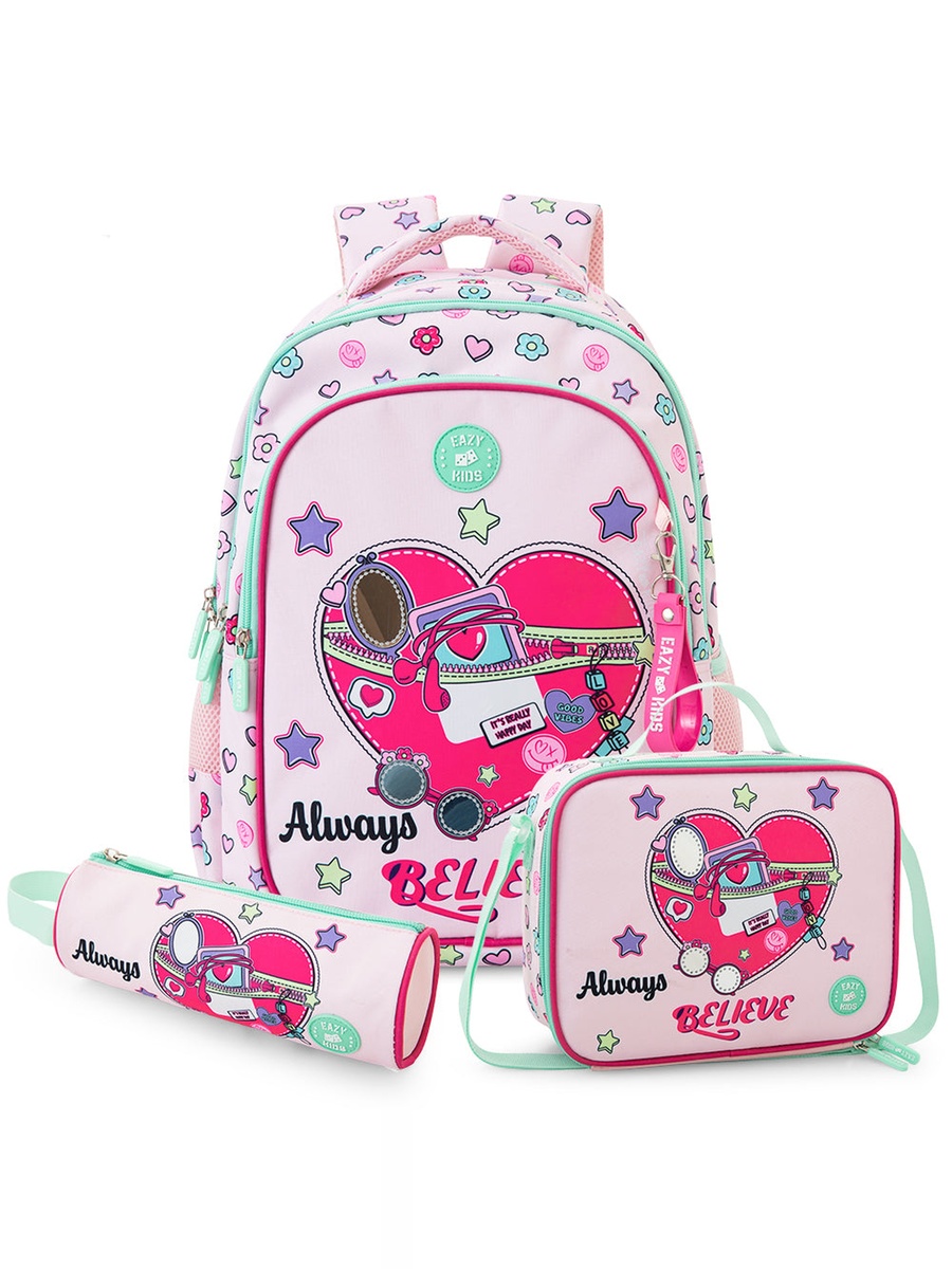 School Bag and Pencil Bag and Lunch Bag with Foldable 4 Wheel Trolley - 17 Inch