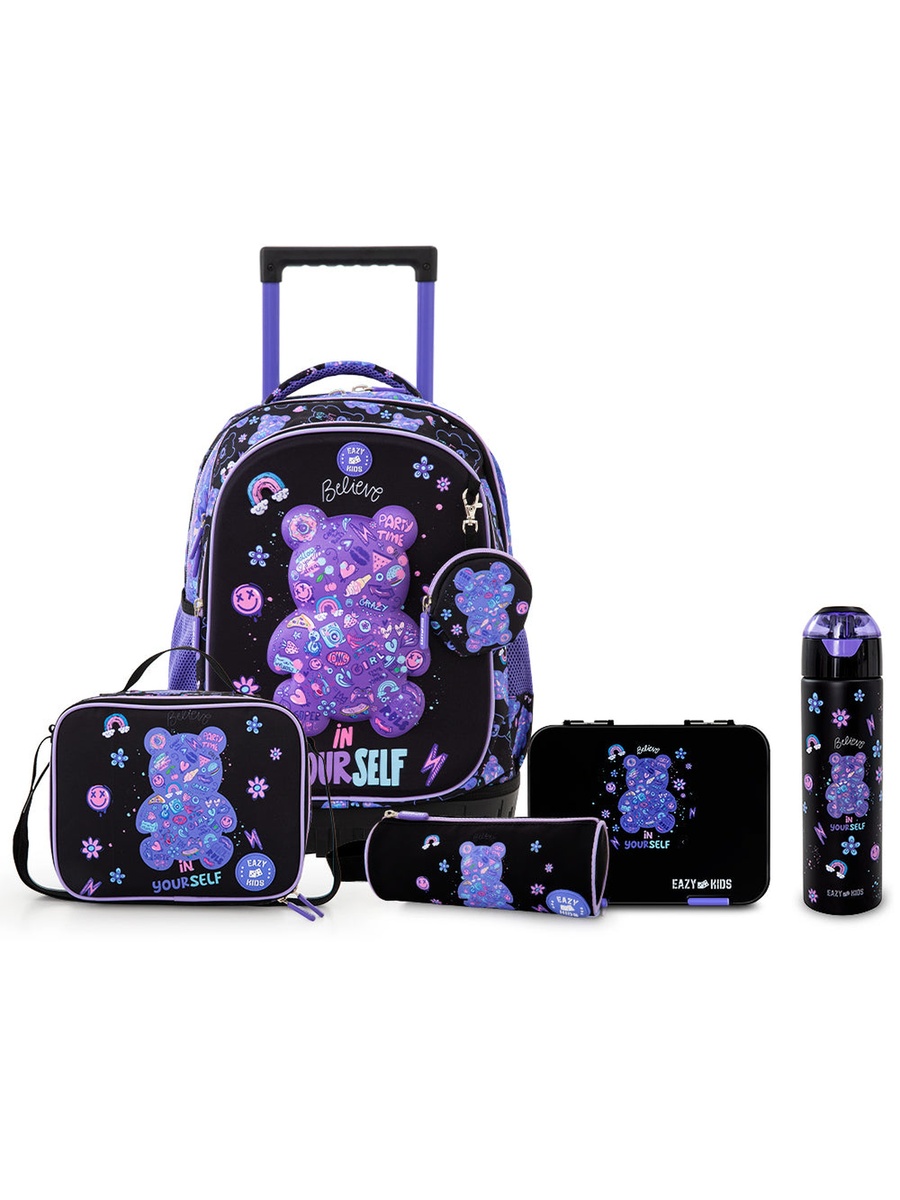 Trolley School Bag and Pencil Bag and Lunch Bag with Insulated Bottle and Lunch Box - 18 Inch