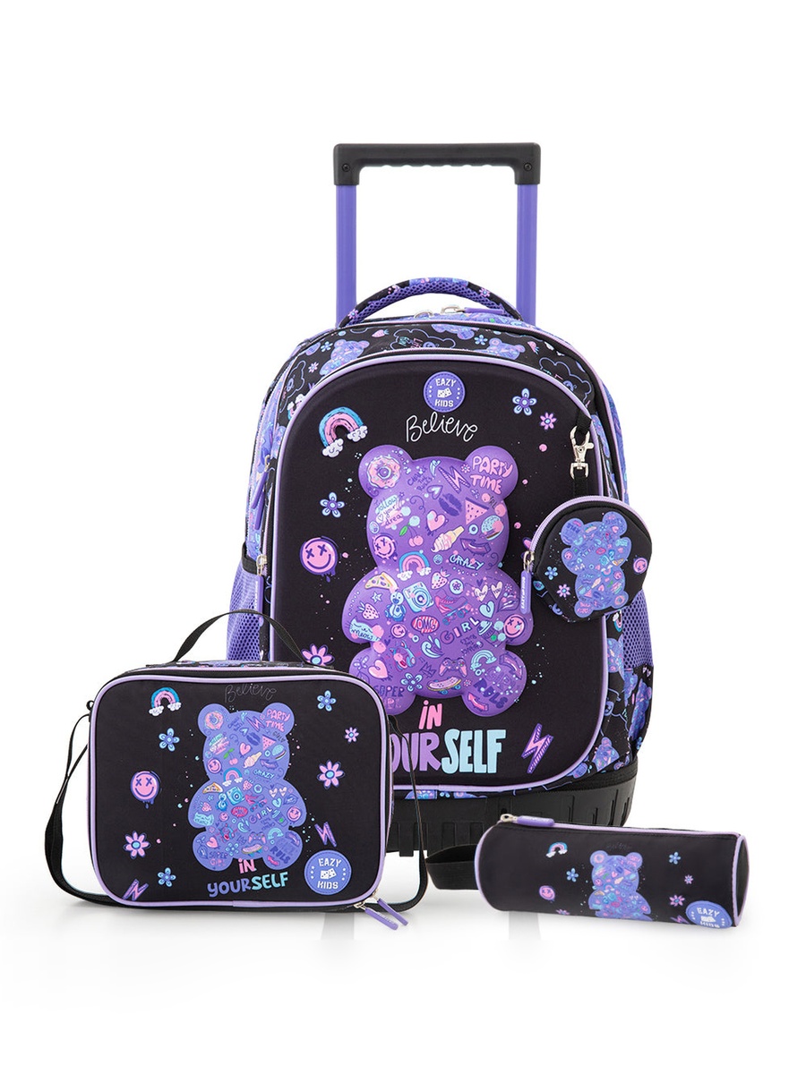 Trolley School Bag and Pencil Bag and Lunch Bag with Insulated Bottle and Lunch Box - 18 Inch