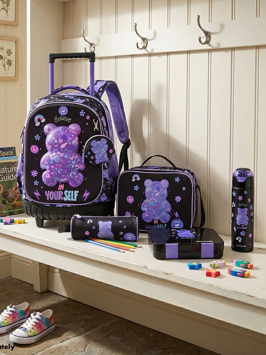 Trolley School Bag and Pencil Bag and Lunch Bag with Insulated Bottle and Lunch Box - 18 Inch