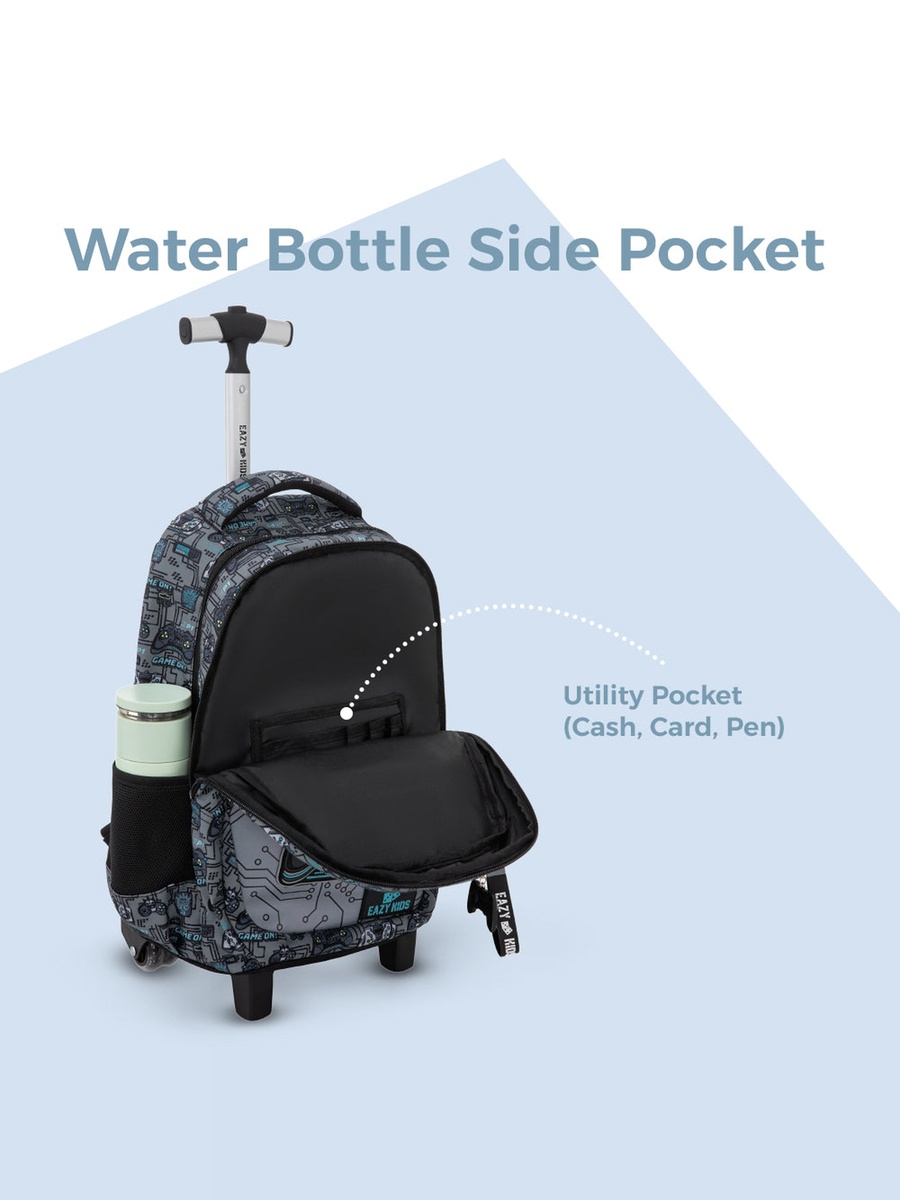 3-Piece Trolley School Bag with Lunch Bag and Pencil Case - Gamer - Grey - 17 Inch