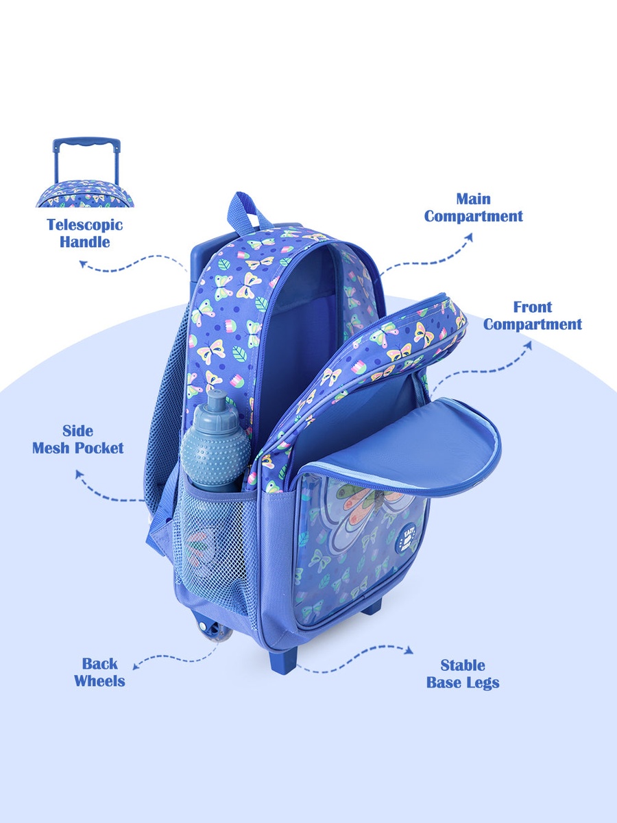 5-Piece Trolley School Bag Set with Wheels - Butterfly Blue - 17 Inch