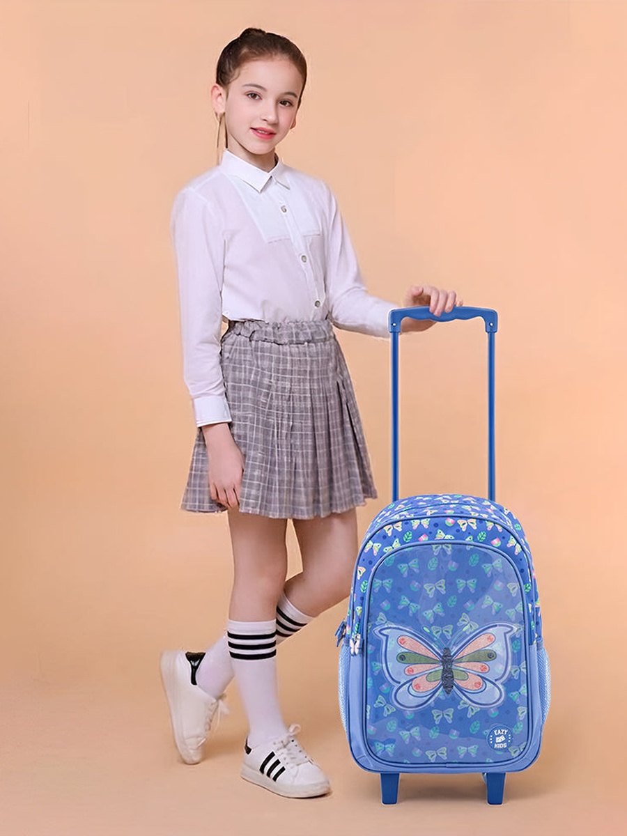 5-Piece Trolley School Bag Set with Wheels - Butterfly Blue - 17 Inch