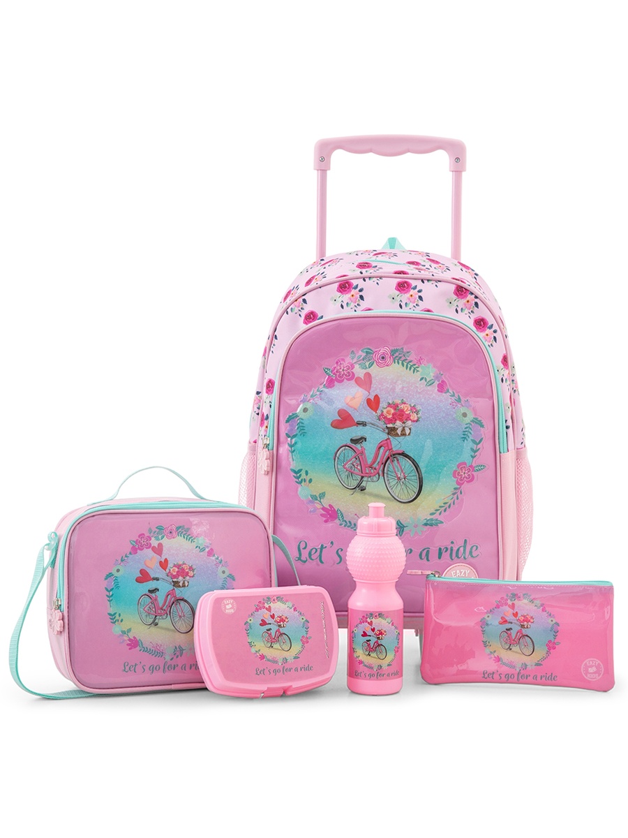5-Piece Trolley School Bag Set with Wheels - Cycle Pink - 17 Inch