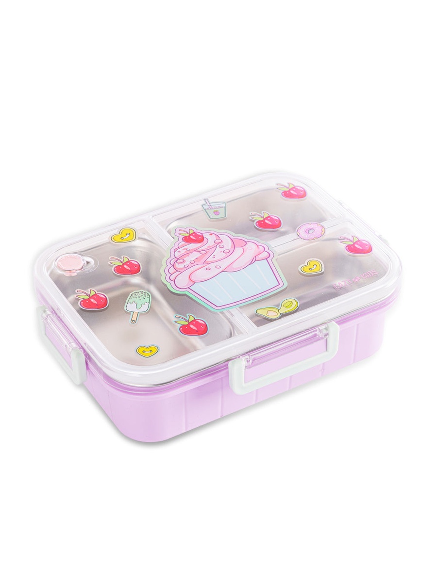 3-Compartment Stainless Steel Bento Lunch Box, 800ml - Cup Cake Purple