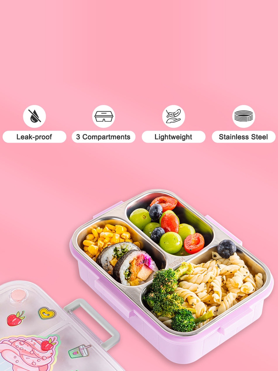 3-Compartment Stainless Steel Bento Lunch Box, 800ml - Cup Cake Purple