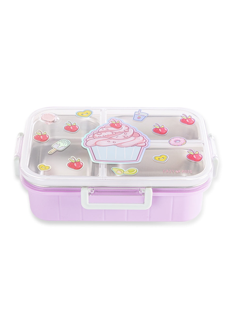 3-Compartment Stainless Steel Bento Lunch Box, 800ml - Cup Cake Purple