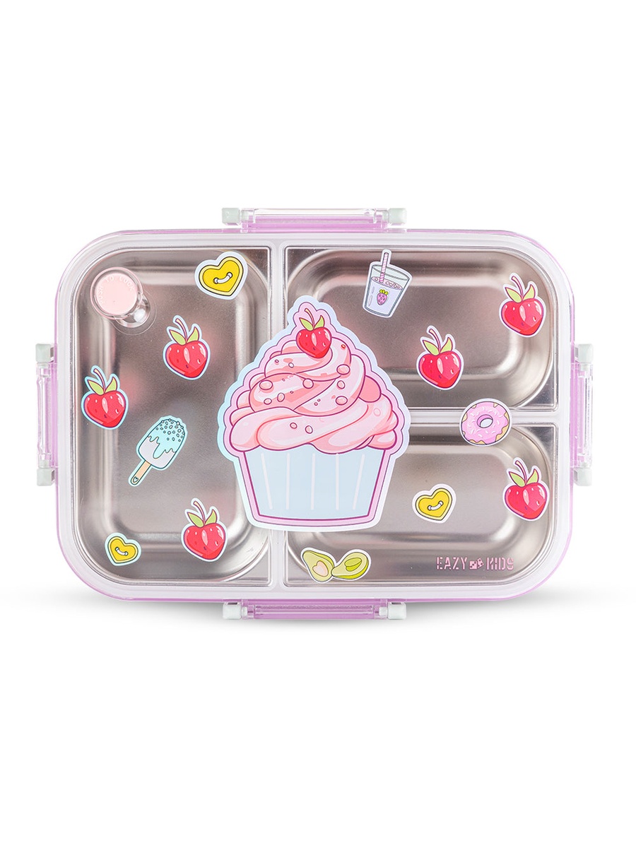 3-Compartment Stainless Steel Bento Lunch Box, 800ml - Cup Cake Purple