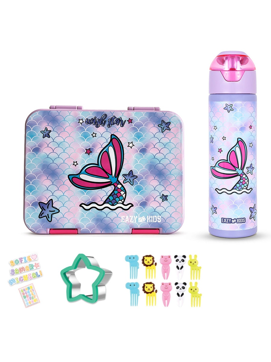 6 and 4 Convertible Bento Lunch Box with Stainless Steel 640ml Water Bottle and Sandwich Cutter Set - Mermaid Purple