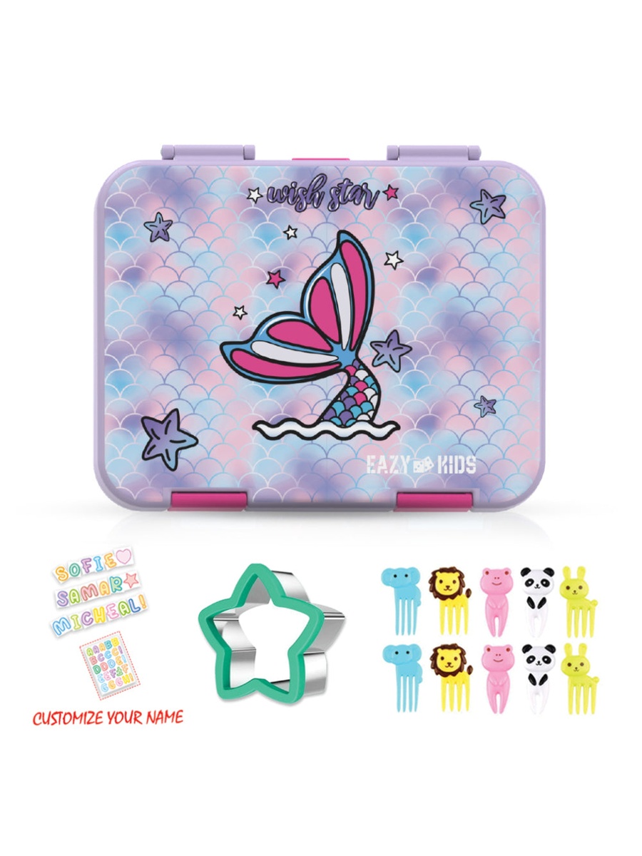 6 and 4 Convertible Bento Lunch Box with Stainless Steel 640ml Water Bottle and Sandwich Cutter Set - Mermaid Purple