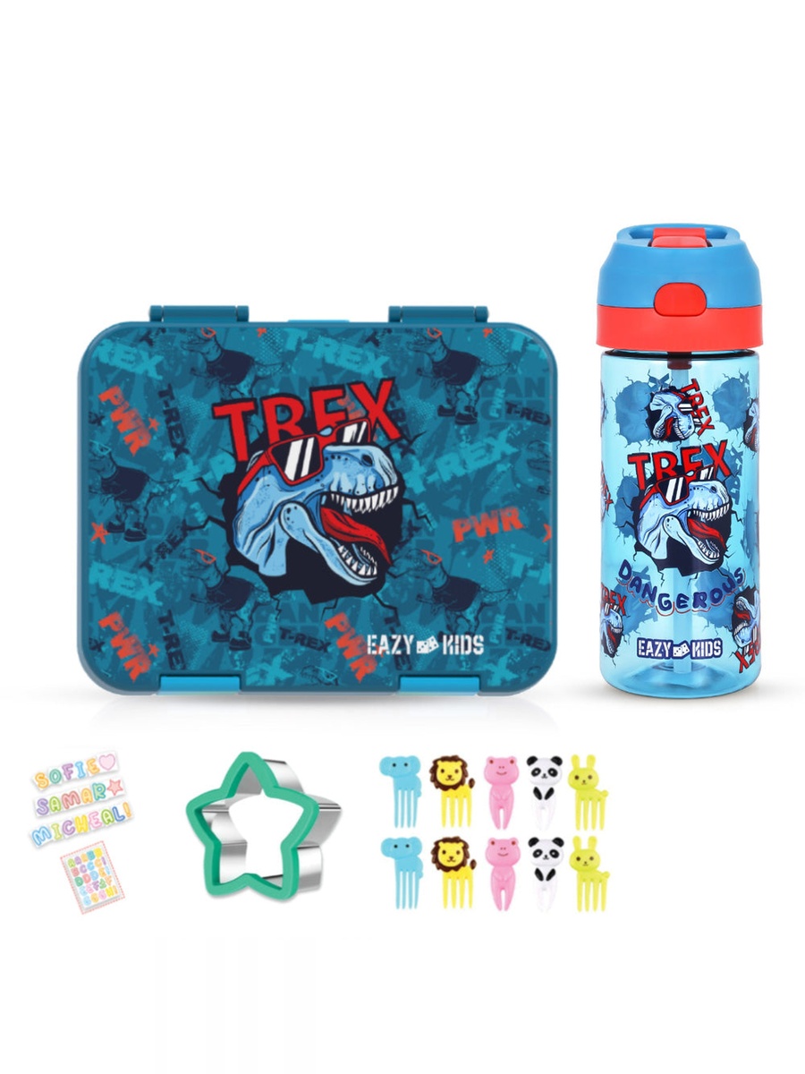 6 and 4 Convertible Bento Lunch Box with Tritan 420ml Water Bottle and Sandwich Cutter Set - TREX Blue