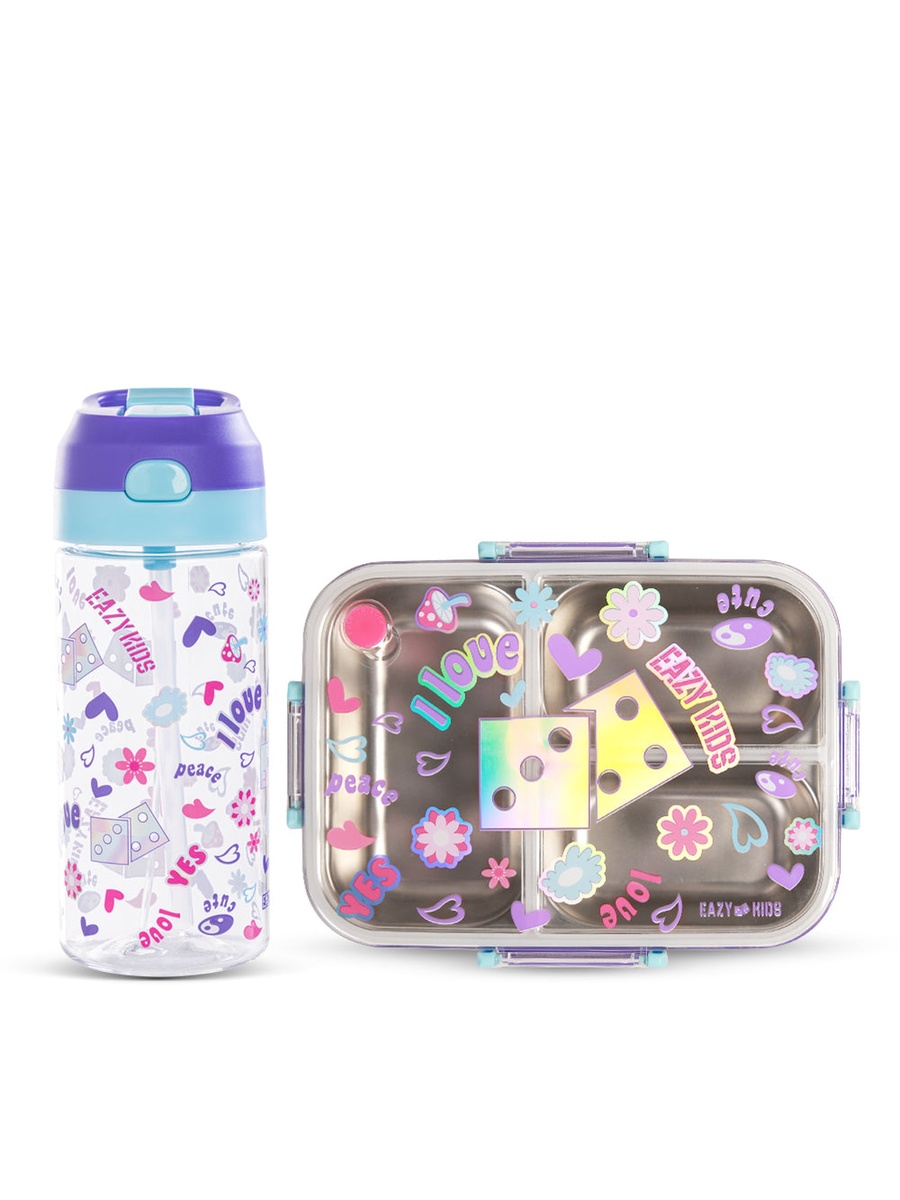 3-Compartment 800ml Stainless Steel Bento Lunch Box with Water Bottle - Floral Purple